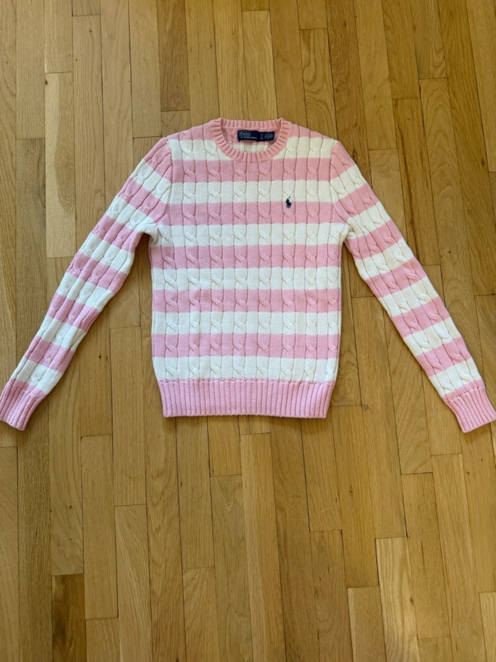 Ralph Lauren Pink & White Striped Cable Crewneck Sweater